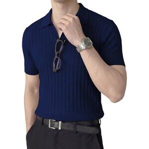 Men's Navy Blue Short Sleeve Knit Shirts Ribbed Texture Johnny Collar Sweater